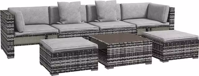 Outsunny 7-Piece Rattan Patio Furniture Set with Upholstered Cushions and Coffee Table in Grey