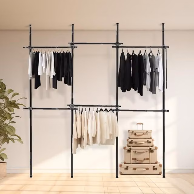 House of Home Triple Wardrobe Telescopic Clothes Rail with Adjustable Hanging Rack, Black