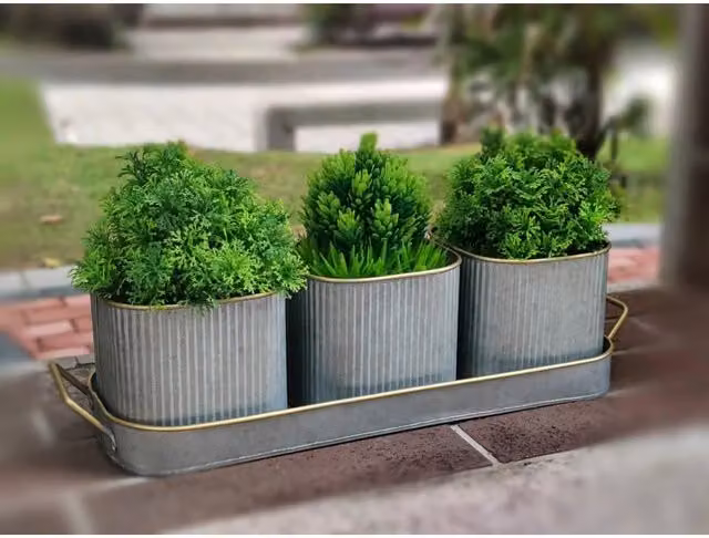 FLAVORA 3 Pack Metal Window Box Herb Planters with Tray in Grey and Gold