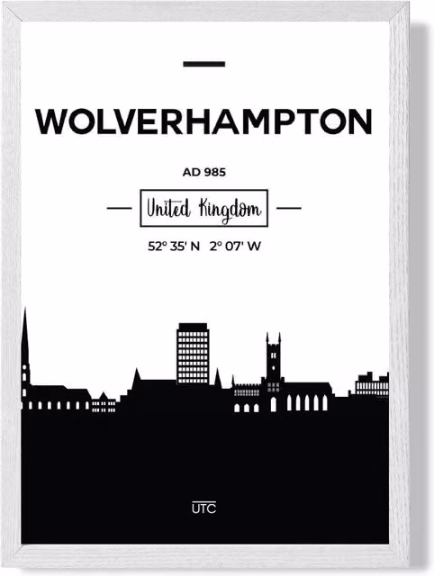 ARTZE Wolverhampton Black and White City Skyline Framed Paper Poster with White Frame, Size: A2