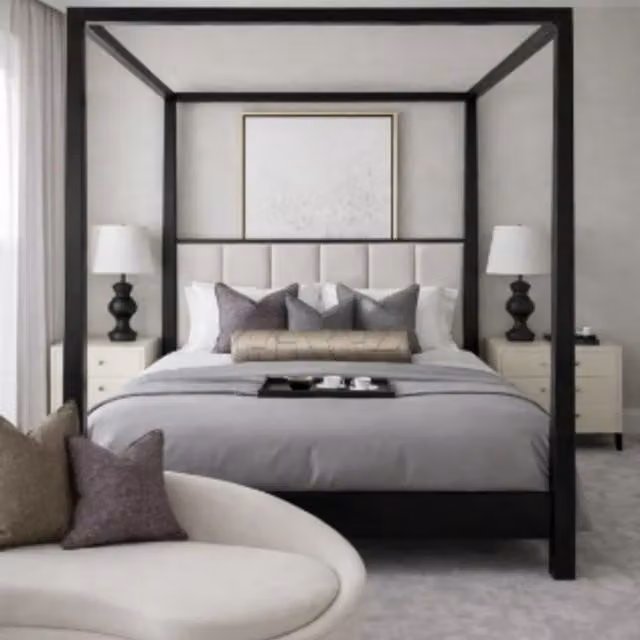 HOB Furniture Washington 4 Poster Bed in Silver Luxury French Velvet, Emperor Size