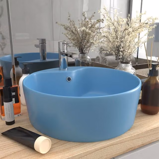 Berkfield Home Luxury Ceramic Round Countertop Wash Basin with Overflow, Matt Light Blue, W: 36 cm, D: 13 cm