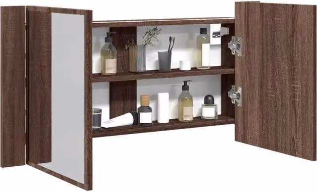 Berkfield Home LED Bathroom Mirror Cabinet in Brown Oak, W: 90 cm, D: 12 cm, H: 45 cm