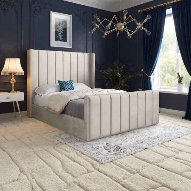 KDMD Strumpshaw Winged Upholstered Designer Bed Frame in Beige Soft Velvet, Small Double, W/D/H: 137 x 128 x 120 cm