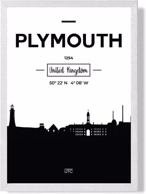 ARTZE Plymouth Black and White City Skyline Framed Paper Poster, White Frame, A2