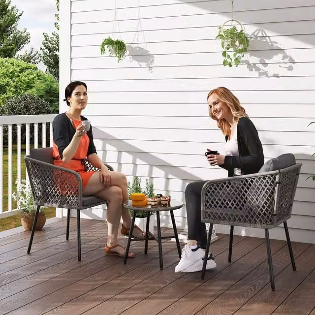 Outsunny 3 Piece Rattan Bistro Set with Cushions and Glass Table in Brown and Grey