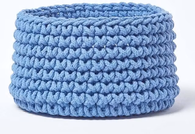 Homescapes Blue Cotton Knitted Round Storage Basket W: 37 cm, H: 21 cm