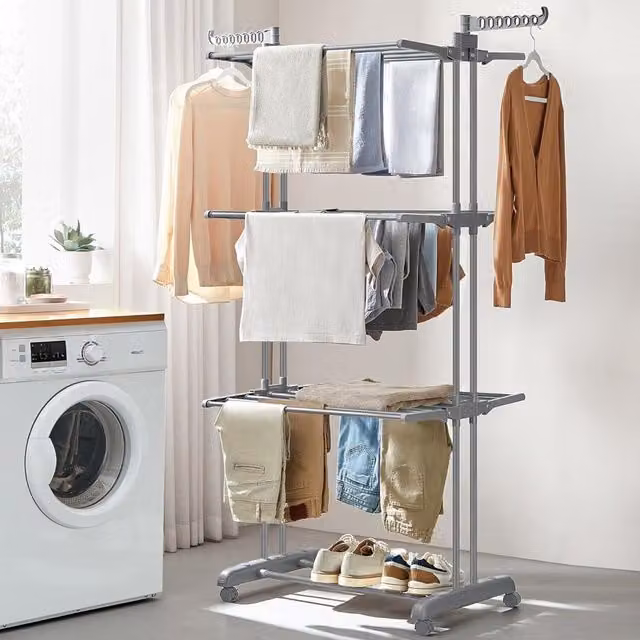 The Bazaarist 4-Tier Large Foldable Clothes Drying Rack with Wheels, Grey