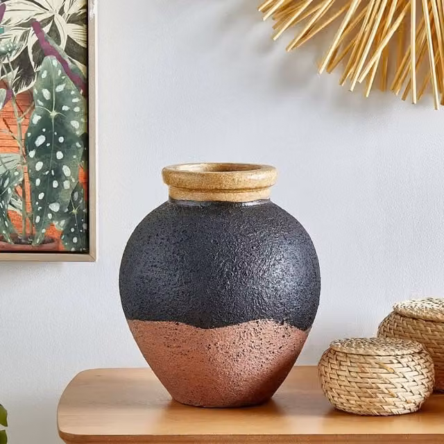 Wyld and Coco Handmade Ceramic Terracotta Vase in Black and Pink, Height: 31 cm