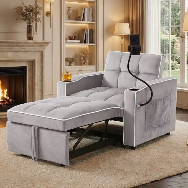 BTM 3-in-1 Expandable Single Sofa Bed with Drink and Phone Holders in Grey, W/D/H: 167 x 83 x 76 cm