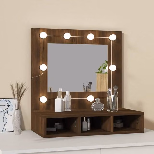 Berkfield Home Mirror Cabinet with LED Lighting in Brown Oak, W: 60 cm, D: 31.5 cm, H: 62 cm