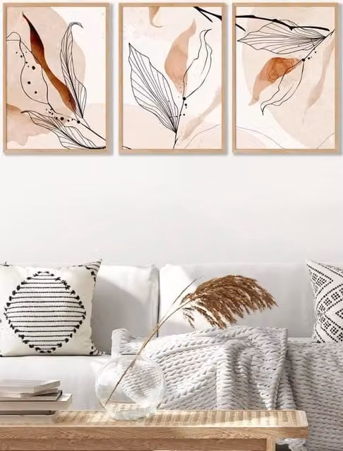 ARTZE Set of 3 Oak Framed Botanical Line Art Autumn Leaves Wall Art in Pale Orange, W: 53 cm, H: 73 cm, D: 2 cm
