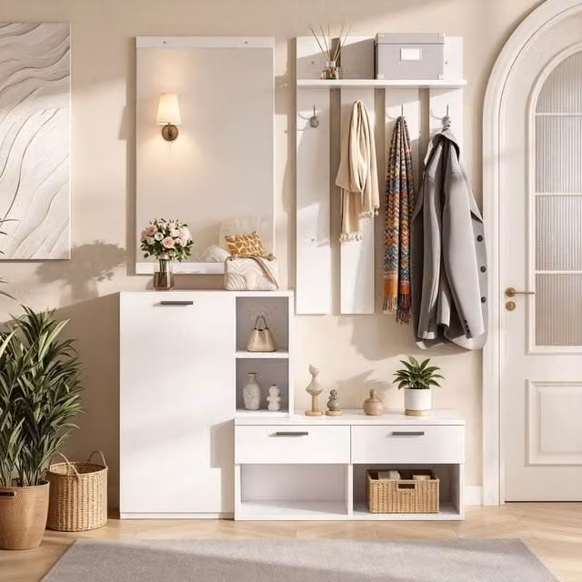 Matteo Minimalist White Hallway Furniture Set with Mirror, Shoe Cabinet and Bench