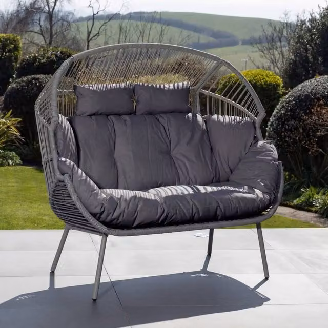 Artemis Home Cocona 2 Seat Standing Egg Chair in Grey Rattan with Upholstered Cushions