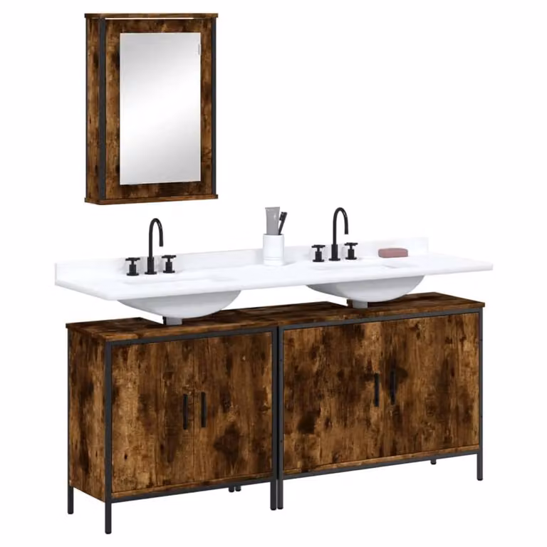 Berkfield Home 3 Piece Industrial Bathroom Furniture Set in Brown Smoked Oak