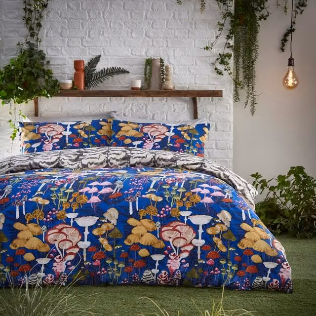 Make it a Home Amanita Abstract Mushroom Reversible Duvet Cover, Blue, 180 x 200 cm