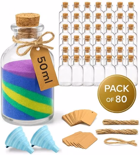 Volila 80 Pack Small Clear Glass Shot Bottles with Cork Stoppers, 50 ml each