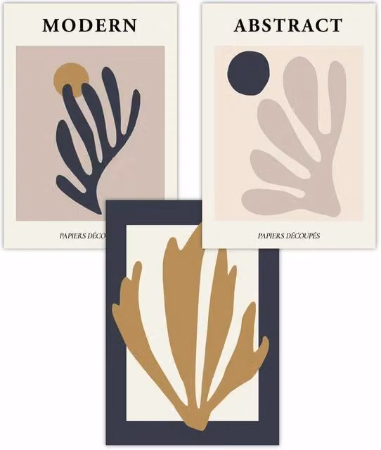 ARTZE Set of 3 Matisse Style Floral Botanical Paper Posters in Blue, Yellow and Pink, W: 50 cm x H: 70 cm
