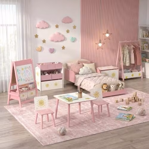 AIYAPLAY Kids Bedroom Furniture Set in Pink with Table, 2 Chairs and Bookcase