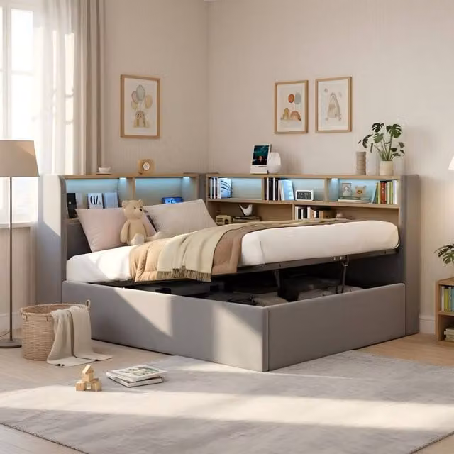 Merax 3FT Single Corner Ottoman Bed in Grey Velvet with LED Headboard, USB Charging Ports and Bedside Shelf, W/D/H: 90 x 190 x 110 cm