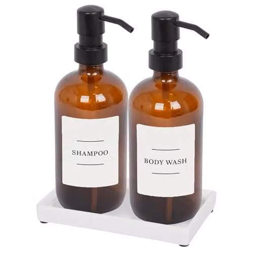 Harbour Housewares 2 Piece Glass Soap Dispenser Set with Ceramic Tray and Labels, 500ml, White in Orange