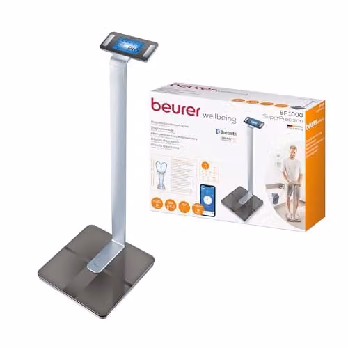 Beurer BF1000 Super Precision Body Composition Analysis Scale in Silver with App Control for BMI, Body Fat, Muscle Mass, Water Percentage and Bone Mass Analysis