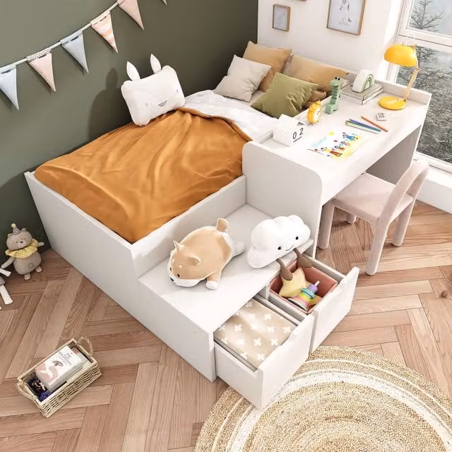 Matteo Kids Single Bed with Desk and Drawers, White, W/D/H: 90 x 190 cm