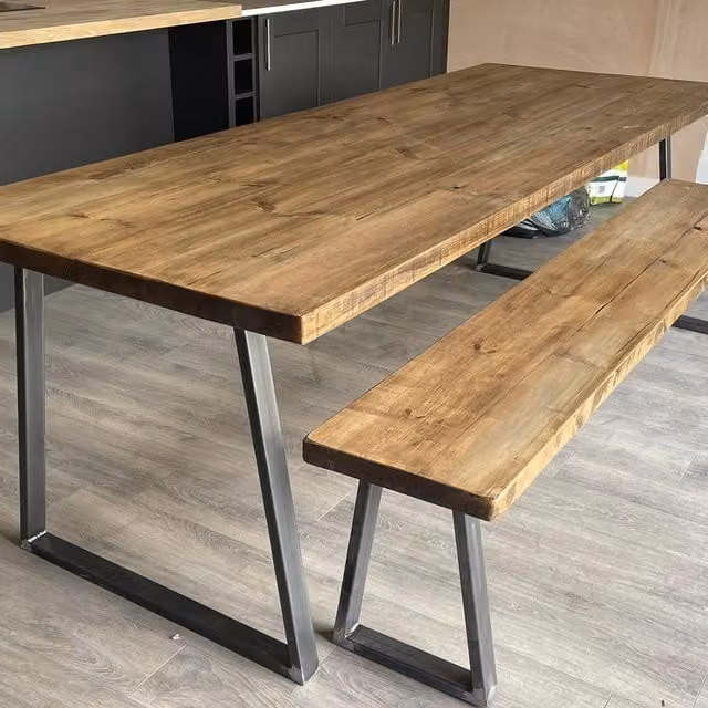 TRL Handmade Furniture Rustic Industrial Live Edge Rectangle Dining Table in Brown with Sled Base
