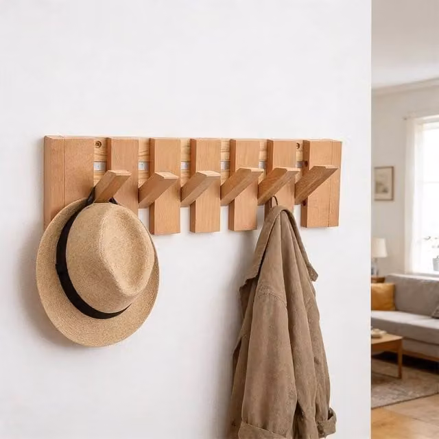 KORVIXA Natural Wood Piano Key Coat Hook Rack with 6 Hooks, Brown, W: 90 cm