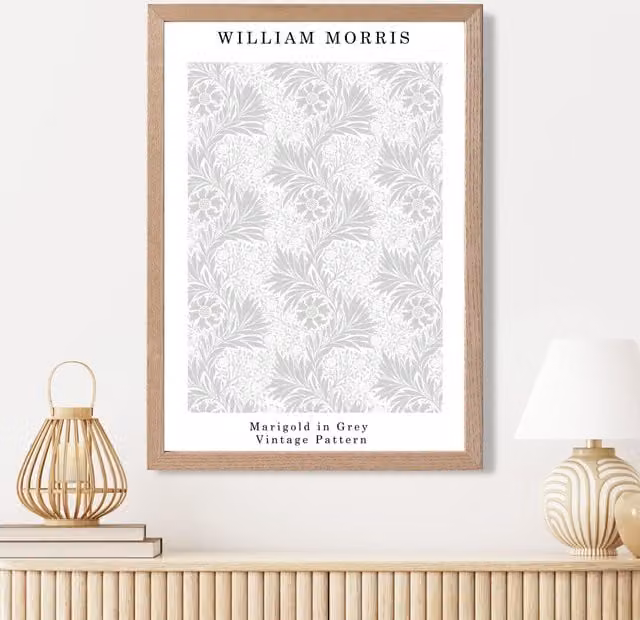 ARTZE William Morris Marigold Floral Art Print in Grey with Light Grey Oak Frame, W: 33 cm, H: 47 cm