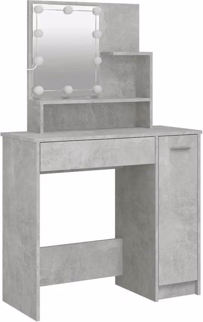 Berkfield Home White and Concrete Grey Dressing Table with Hollywood LED Mirror, W: 86.5 cm, D: 35 cm, H: 136 cm