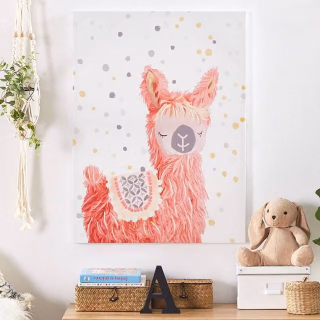 Wyld and Coco Pink Llama Canvas Wall Art for Childrens Room Decor, W: 60 cm x H: 80 cm