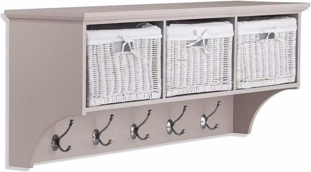 Tetbury Wall Mounted Coat Rack with 3 White Rattan Baskets in Truffle