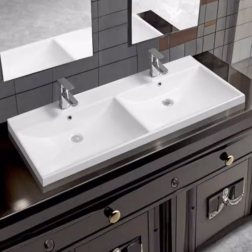 Limoge 5409 White Ceramic Double Inset Bathroom Basin with Dual Scooped Bowls, Rectangular Top-Mount Design, W: 120 cm, D: 27 cm, H: 16.5 cm