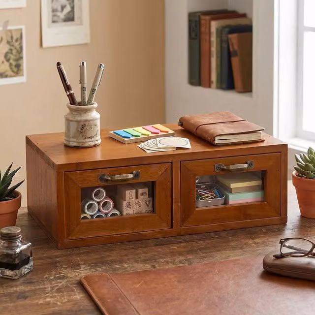 EONLION Wooden Desktop Organiser with 2 Drawers in Brown, Width: 50 cm