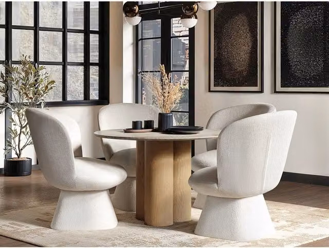 Solace+Co Deko Round Dining Table and Aiko Chairs Set in Oak, Beige and Black, W/D/H: 120 x 120 x 75 cm