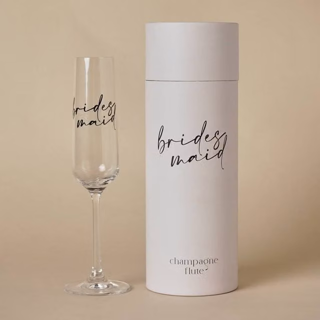 Widdop and Co Bridesmaid Champagne Flute Glass in Transparent with Black Text