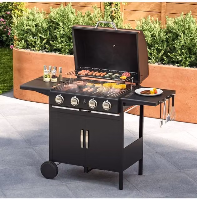 Living and Home 4-Burner Propane Gas Grill with Wheels and Warming Rack in Black
