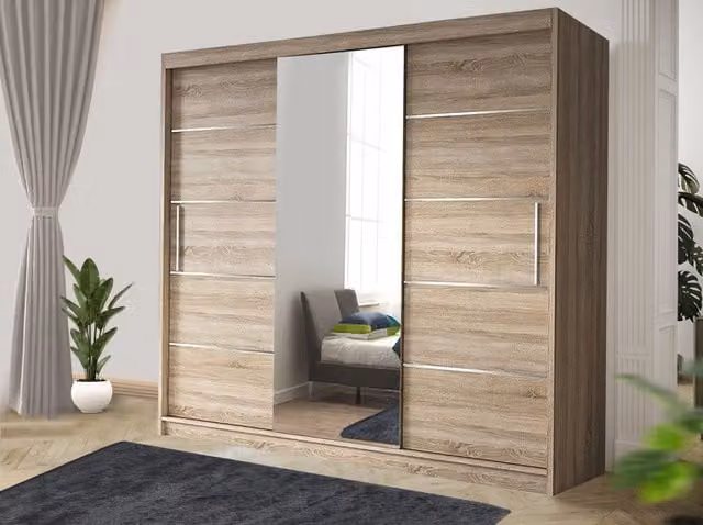 RAC3 Oslo Modern Light Oak Sliding Bedroom Wardrobe with Mirror and Integrated Drawers, Width: 250 cm