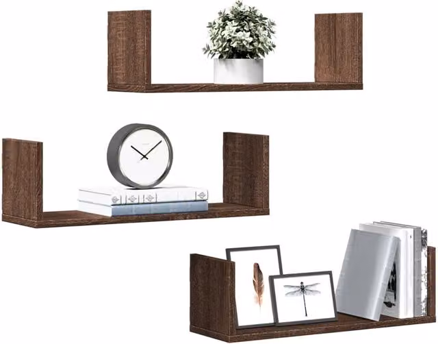 Berkfield Home Set of 3 Wall Mounted Shelves in Brown Oak, W: 58 cm, D: 18 cm, H: 18 cm