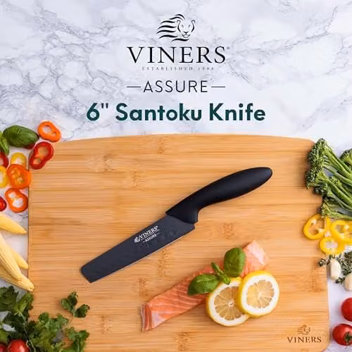 Viners Assure 6 inch Santoku Knife with Black Soft Grip Handle and Stainless Steel Non-Stick Blade