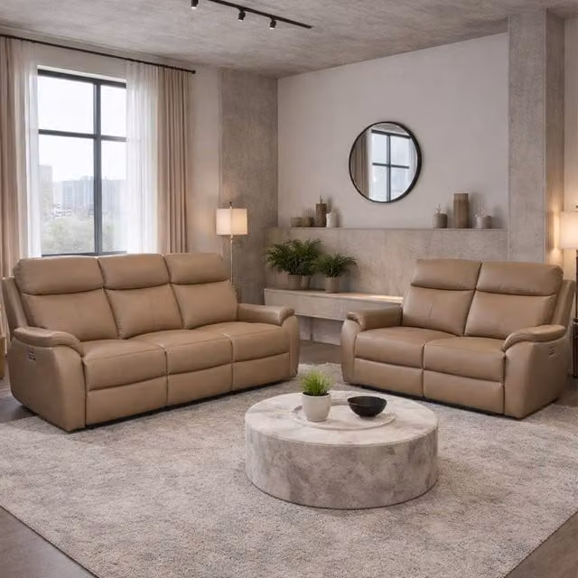 Aspire Kingsmere 3 + 2 Power Recliner Sofa Set in Real Leather, Beige