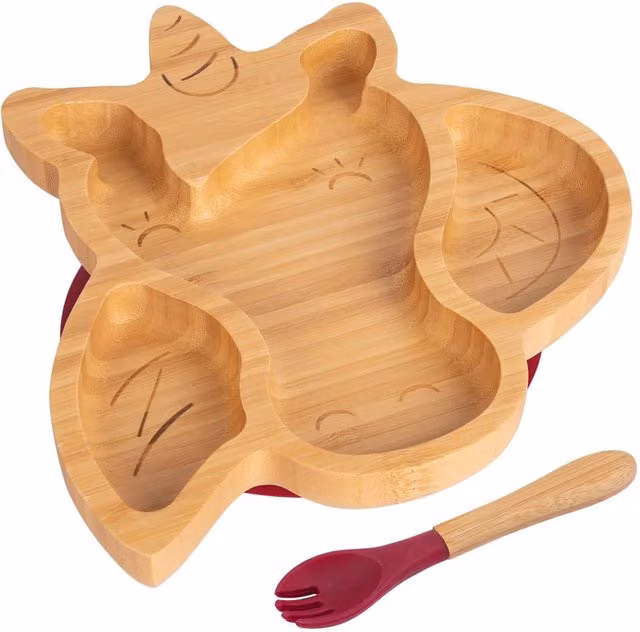 Tiny Dining Bamboo Divided Toddler Weaning Plate and Fork Set, Unicorn Design, Red and Brown