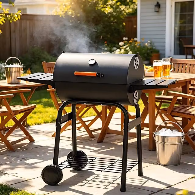 Gr8 Garden Charcoal BBQ Barrel Grill Smoker with Thermometer, Side Table and Wheels, Black