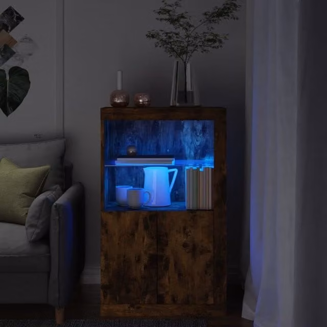 Berkfield Home Modern Side Cabinet in Smoked Oak with Integrated LED Lights and Glass Doors, Brown