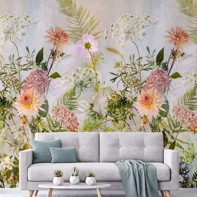 Grandeco Botanical Floral Mural Wallpaper in Green and Multicolour, Washable Vinyl