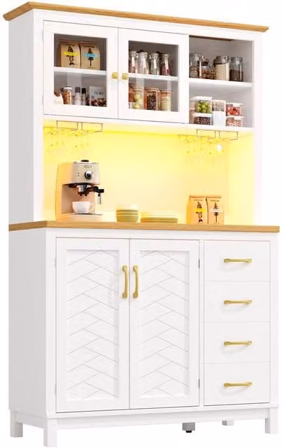 Merax Kitchen Pantry Cabinet Sideboard with Hutch, LED Lighting and Wine Glass Racks, White, W/D/H: 105.5 x 40 x 180 cm