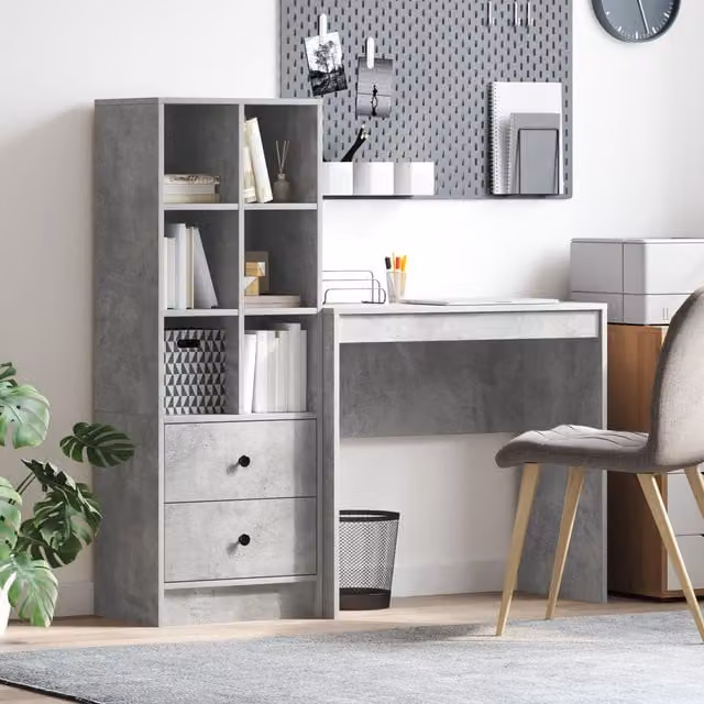 Berkfield Modern Writing Desk with Storage in Concrete Grey and Blue