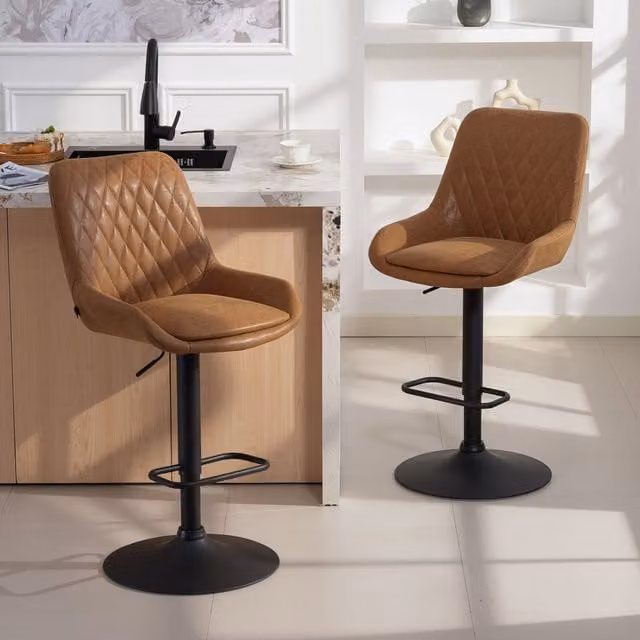 HOMCOM Set of 2 Adjustable Swivel Bar Stools in Orange Synthetic Leather and Metal