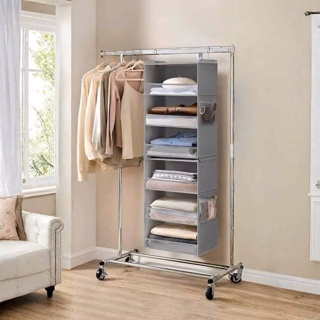 The Bazaarist 6 Tier Foldable Hanging Wardrobe Organizer in Light Grey